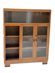 1930s Art Deco Modernist Bookcase, Solid Oak with Glass Doors